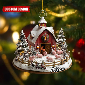 Custom Pig Farm Christmas Ornament – Personalized Name Winter Barn Decor