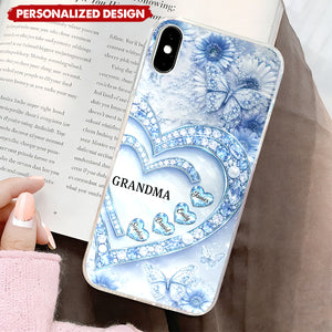 Personalized Grandma Heart Phone Case - Custom Grandkids Names Floral Cover