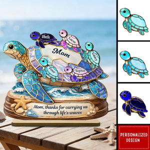 Thanks for Carrying us Through Life's Waves - Personalized Mom Sea Turtle Wooden Plaque