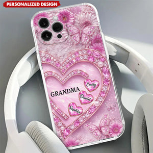 Personalized Grandma Heart Phone Case - Custom Grandkids Names Floral Cover