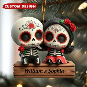 Custom Skull Couple Ornament – Personalized Names Day of the Dead Love Gift