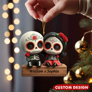 Custom Skull Couple Ornament – Personalized Names Day of the Dead Love Gift