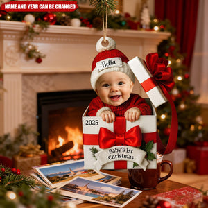 Baby’s First Christmas Gift Box Ornament - Custom Name & Year