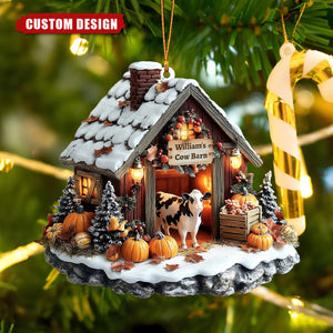 Personalized Cow Barn Christmas Ornament – Custom Farmhouse Holiday Decoration