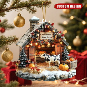 Personalized Cow Barn Christmas Ornament – Custom Farmhouse Holiday Decoration