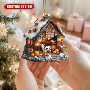Personalized Cow Barn Christmas Ornament – Custom Farmhouse Holiday Decoration