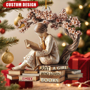 Personalized “Just A Girl Who Loves Books” Ornament – Custom Name Book Lover Gift for Readers