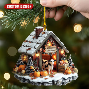 Personalized Cow Barn Christmas Ornament – Custom Farmhouse Holiday Decoration