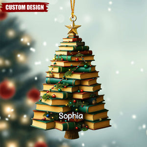 Personalized Book Lover Christmas Tree Ornament – Custom Name Library Holiday Decor
