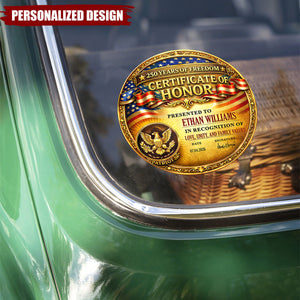 Personalized Patriotic Certificate of Honor Decal Sticker – 250 Years of Freedom Custom Name Car Decal