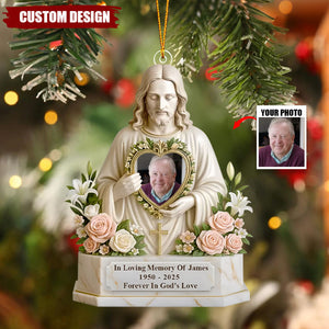 Personalized Jesus Memorial Ornament – Custom Photo Keepsake “Forever in God’s Love”