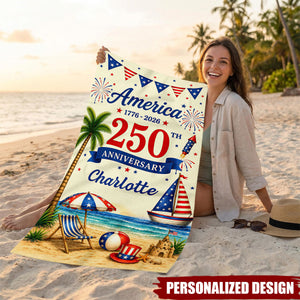 Personalized Patriotic 1776-2026 USA Summer Beach Towel - Custom Name