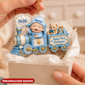 Personalized Baby’s First Christmas Train Acrylic Ornament - Custom Baby Name & Year
