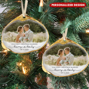 Personalized “First Married Christmas” Wedding Photo Ornament – Custom Names & Date