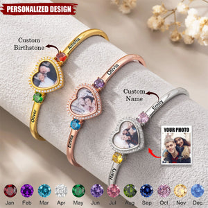 Personalized Heart Photo Birthstone Bracelet — Custom Name & Picture Bracelet