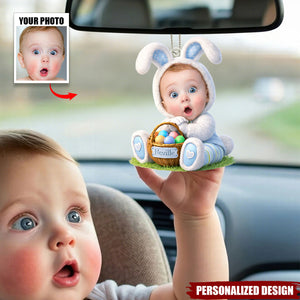 Personalized Easter Bunny Baby Car Ornament - Custom Photo & Name Easter Keepsake Hanger