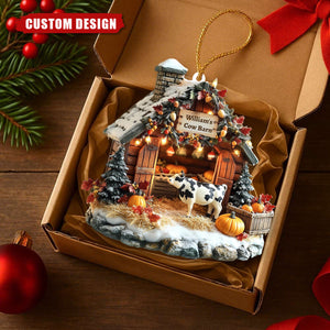 Personalized Cow Barn Christmas Ornament – Custom Farmhouse Holiday Decoration
