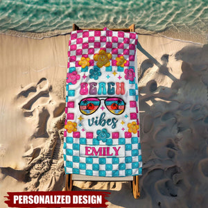 Personalized Beach Vibes Checkerboard Smiley Flower Custom Name Beach Towel