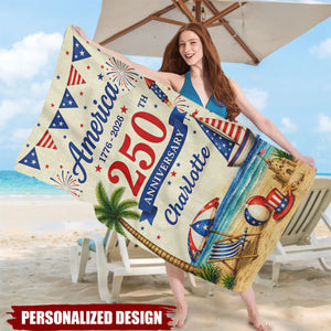 Personalized Patriotic 1776-2026 USA Summer Beach Towel - Custom Name
