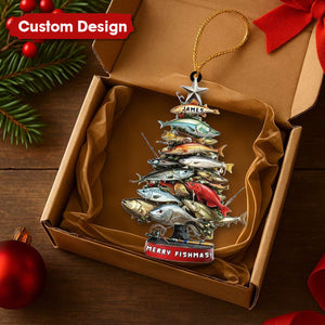 Personalized Fishing Christmas Ornament – Custom Name “Merry Fishmas” Tree for Anglers & Fishermen