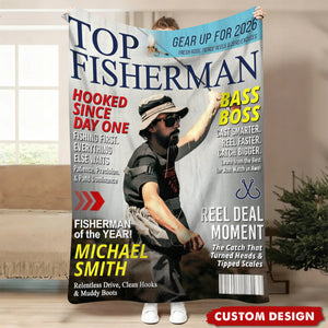 Custom “Top Fisherman” Magazine Cover Blanket – Personalized Fishing Photo Gift
