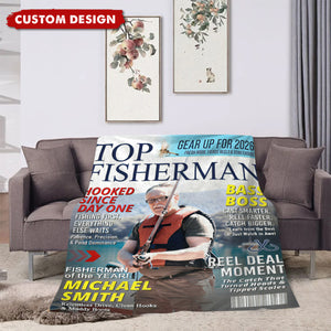 Custom “Top Fisherman” Magazine Cover Blanket – Personalized Fishing Photo Gift
