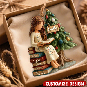 Personalized Girl Reading Ornament – Custom Name Christmas Tree Decoration for Book Lovers