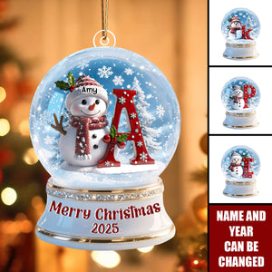 Personalized Snowman Initial Snow Globe Ornament – Custom Name & Year Christmas Gift