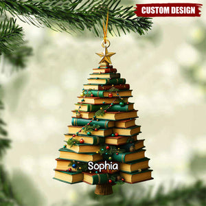 Personalized Book Lover Christmas Tree Ornament – Custom Name Library Holiday Decor