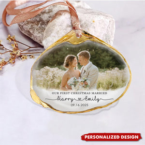 Personalized “First Married Christmas” Wedding Photo Ornament – Custom Names & Date