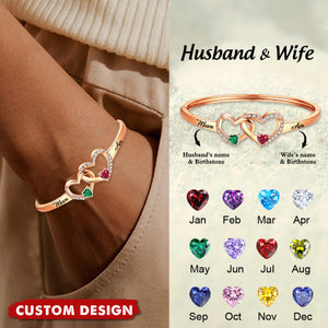 Personalized Husband & Wife Birthstone Bracelet – Custom Two-Heart Bangle with Engraved Names