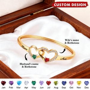 Personalized Husband & Wife Birthstone Bracelet – Custom Two-Heart Bangle with Engraved Names