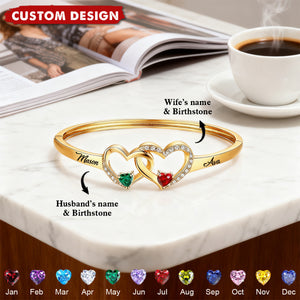 Personalized Husband & Wife Birthstone Bracelet – Custom Two-Heart Bangle with Engraved Names