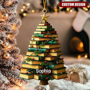 Personalized Book Lover Christmas Tree Ornament – Custom Name Library Holiday Decor