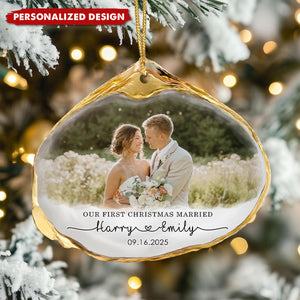 Personalized “First Married Christmas” Wedding Photo Ornament – Custom Names & Date