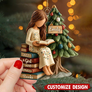 Personalized Girl Reading Ornament – Custom Name Christmas Tree Decoration for Book Lovers