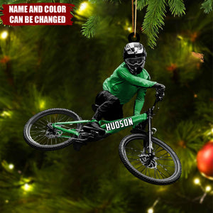 Personalized Mountain Biker Christmas Ornament β Custom Name & Color MTB Rider Gift