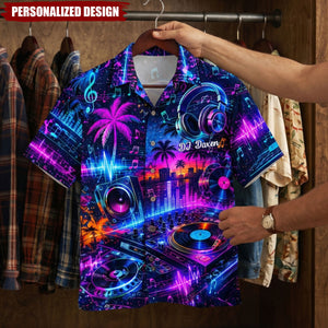 Personalized Neon DJ Turntable Tropical Hawaiian Shirt - Custom DJ Name