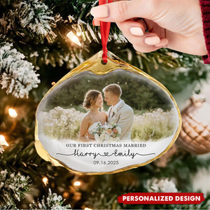 Personalized “First Married Christmas” Wedding Photo Ornament – Custom Names & Date