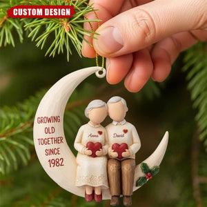 Personalized “Growing Old Together” Elderly Couple Moon Ornament – Custom Names & Anniversary Year