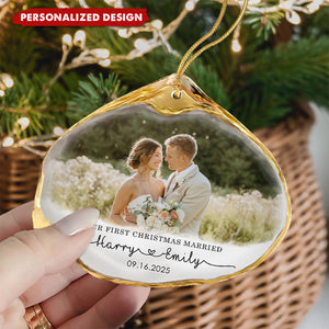 Personalized “First Married Christmas” Wedding Photo Ornament – Custom Names & Date