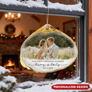 Personalized “First Married Christmas” Wedding Photo Ornament – Custom Names & Date