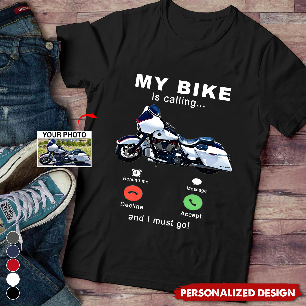Personalized My Bike Is Calling Upload Custom Motorcycle Photo Graphic T-Shirt