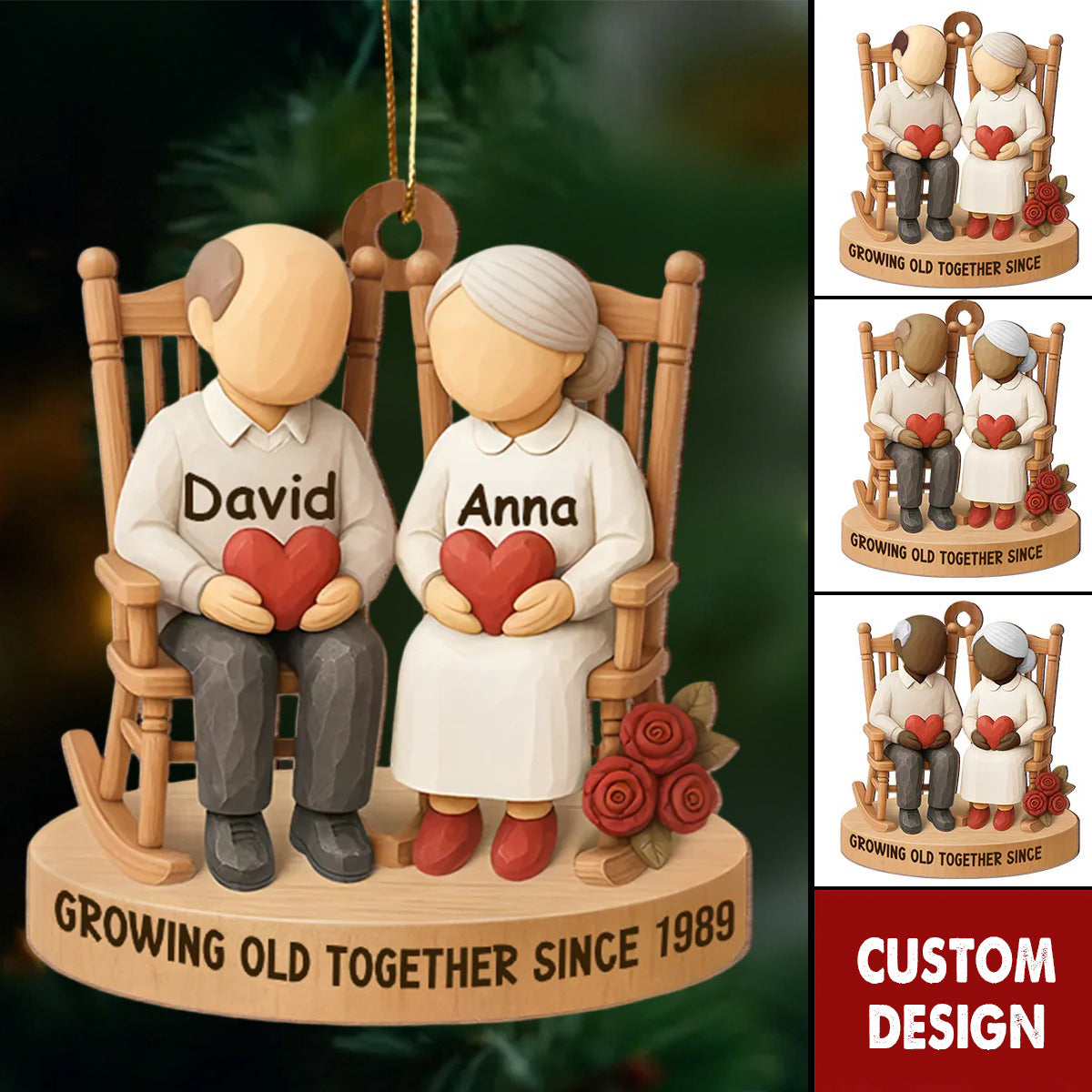 Custom “Growing Old Together” Anniversary Ornament – Personalized Elderly Couple Gift With Names & Year
