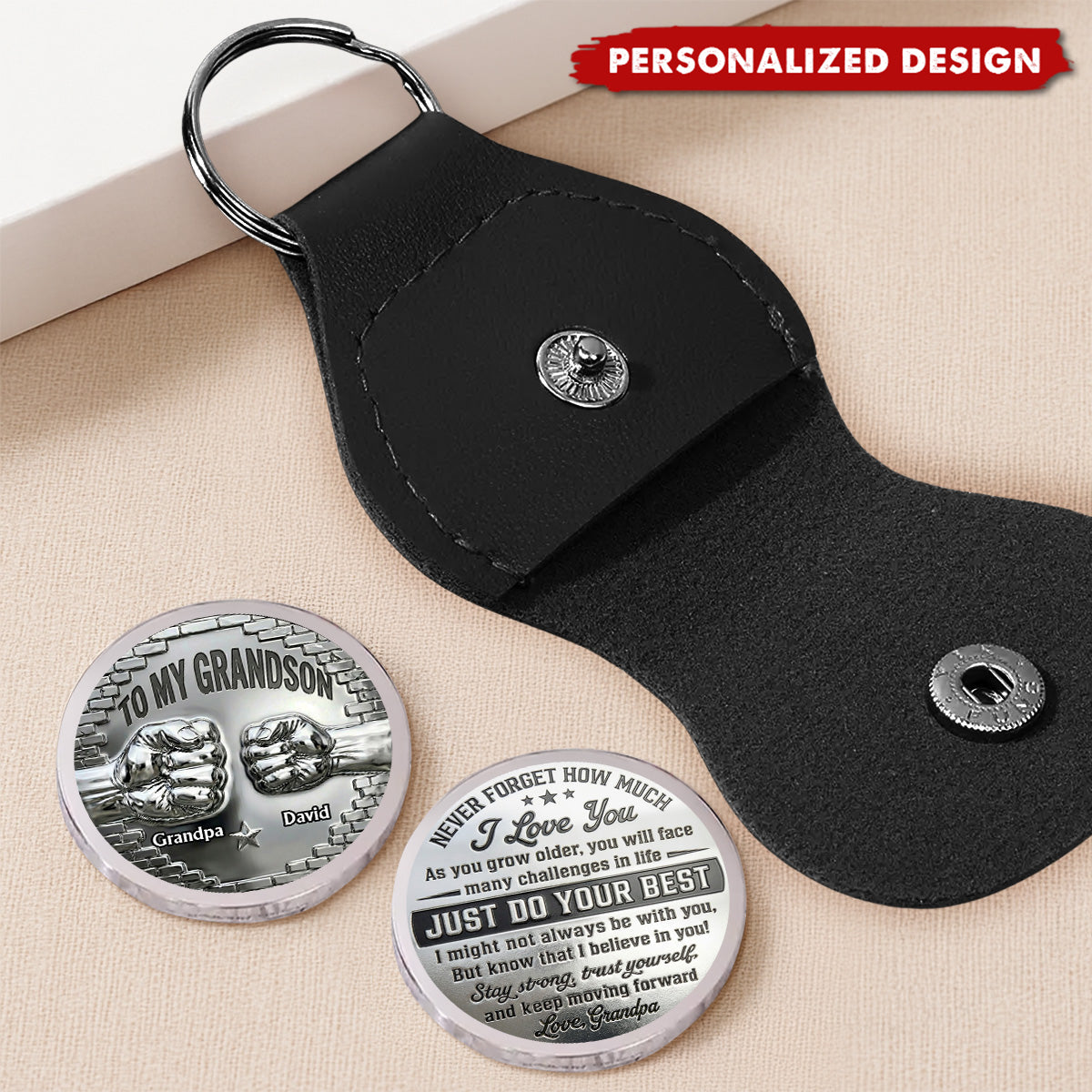 Personalized Stainless Steel Fist Bump Coin with Leather Keychain - Gift for Grandson, Son