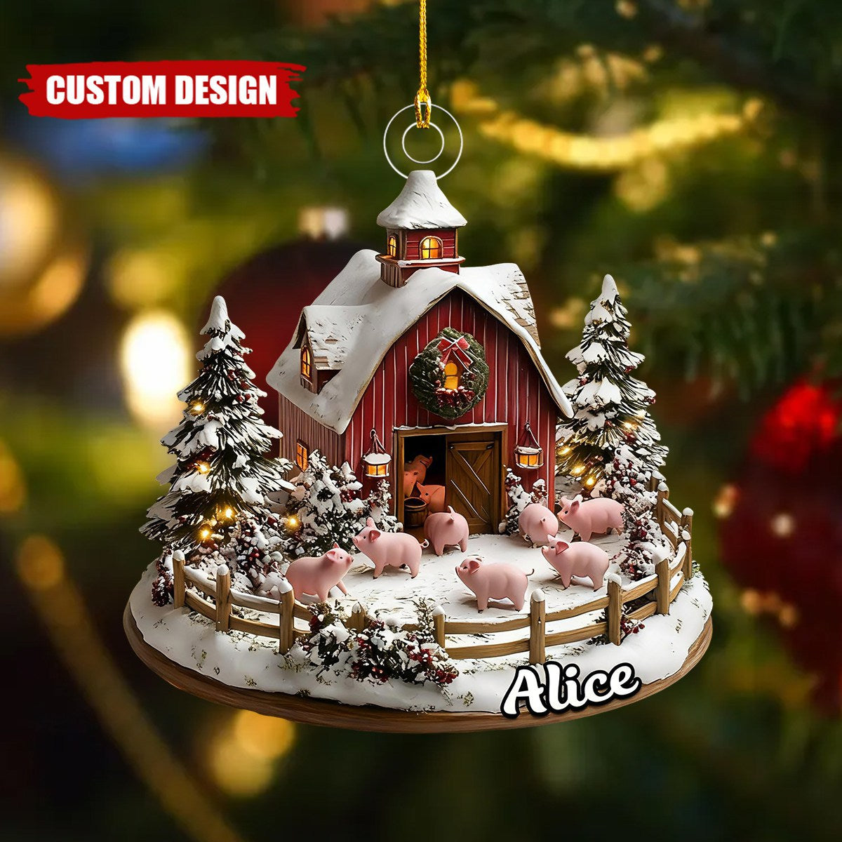 Custom Pig Farm Christmas Ornament – Personalized Name Winter Barn Decor