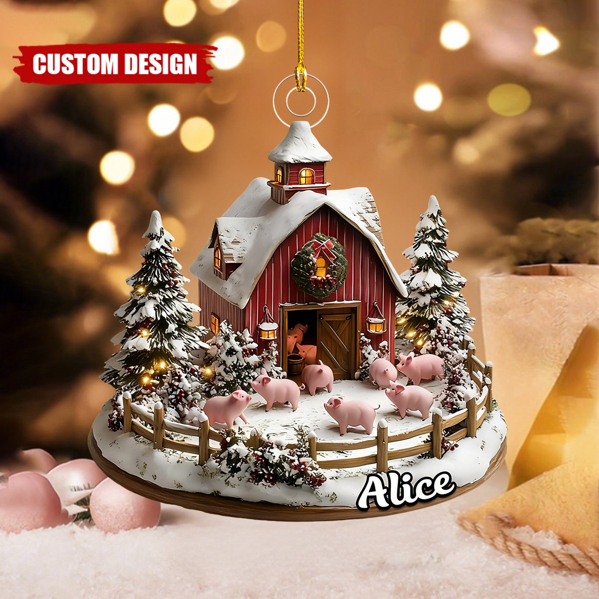 Custom Pig Farm Christmas Ornament – Personalized Name Winter Barn Decor