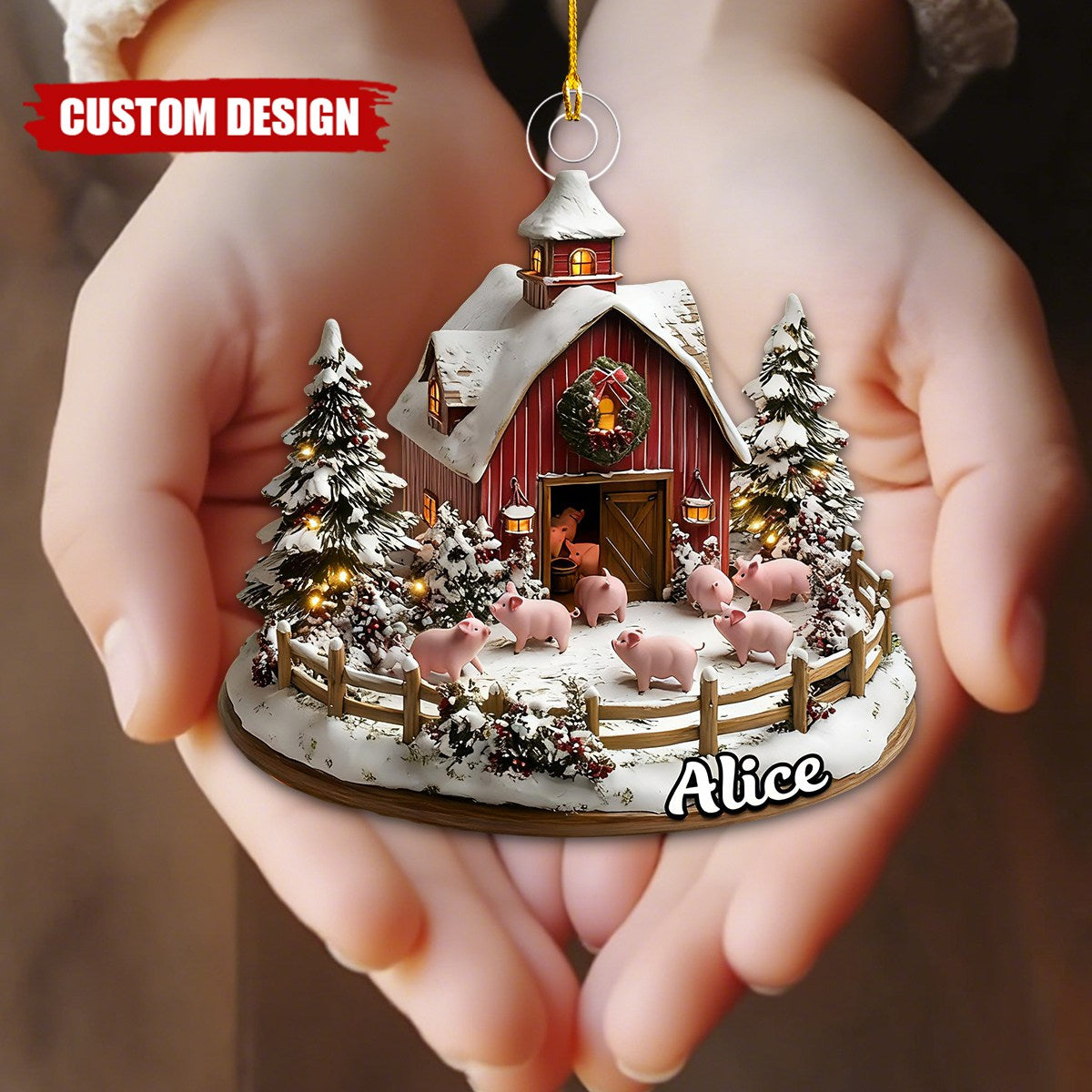 Custom Pig Farm Christmas Ornament – Personalized Name Winter Barn Decor