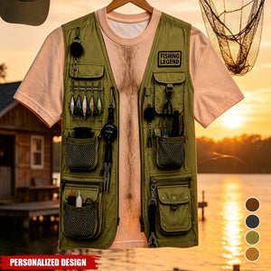 Personalized Fake Fishing Utility Vest Graphic T-Shirt - Custom Skin Tone and Multiple Vest Patterns