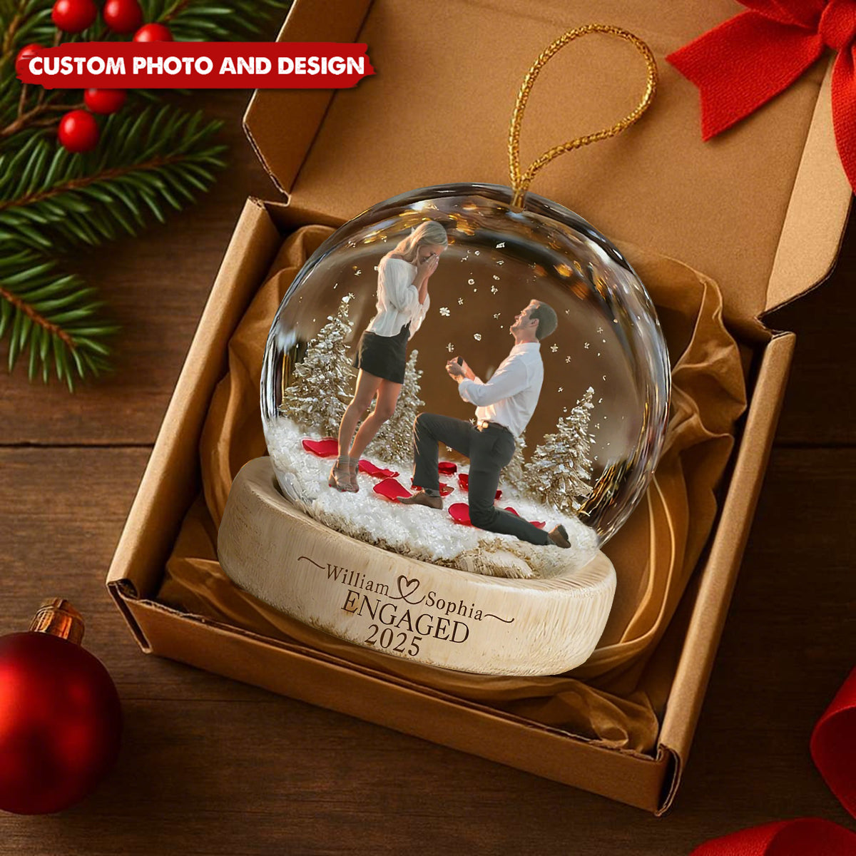 Personalized Engagement Proposal Ornament – Custom Photo, Names & Date Keepsake